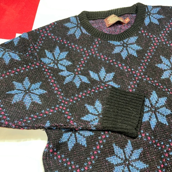 Snowflakes blue FAIR ISLE Black purple WOOL Sweater Geometric mens Medium 90s M - Picture 13 of 13